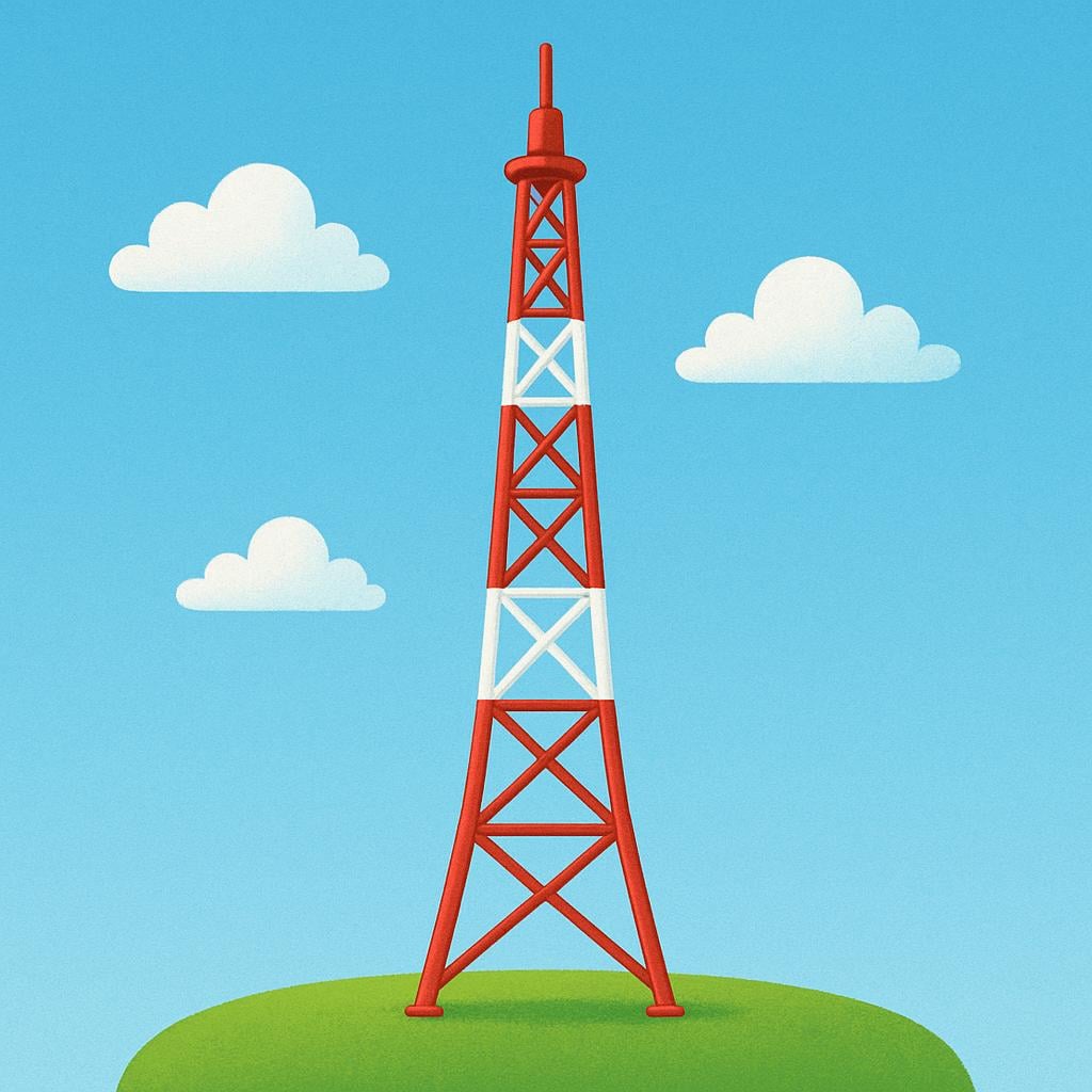 A very tall, thin metal broadcast tower standing against a clear blue sky.