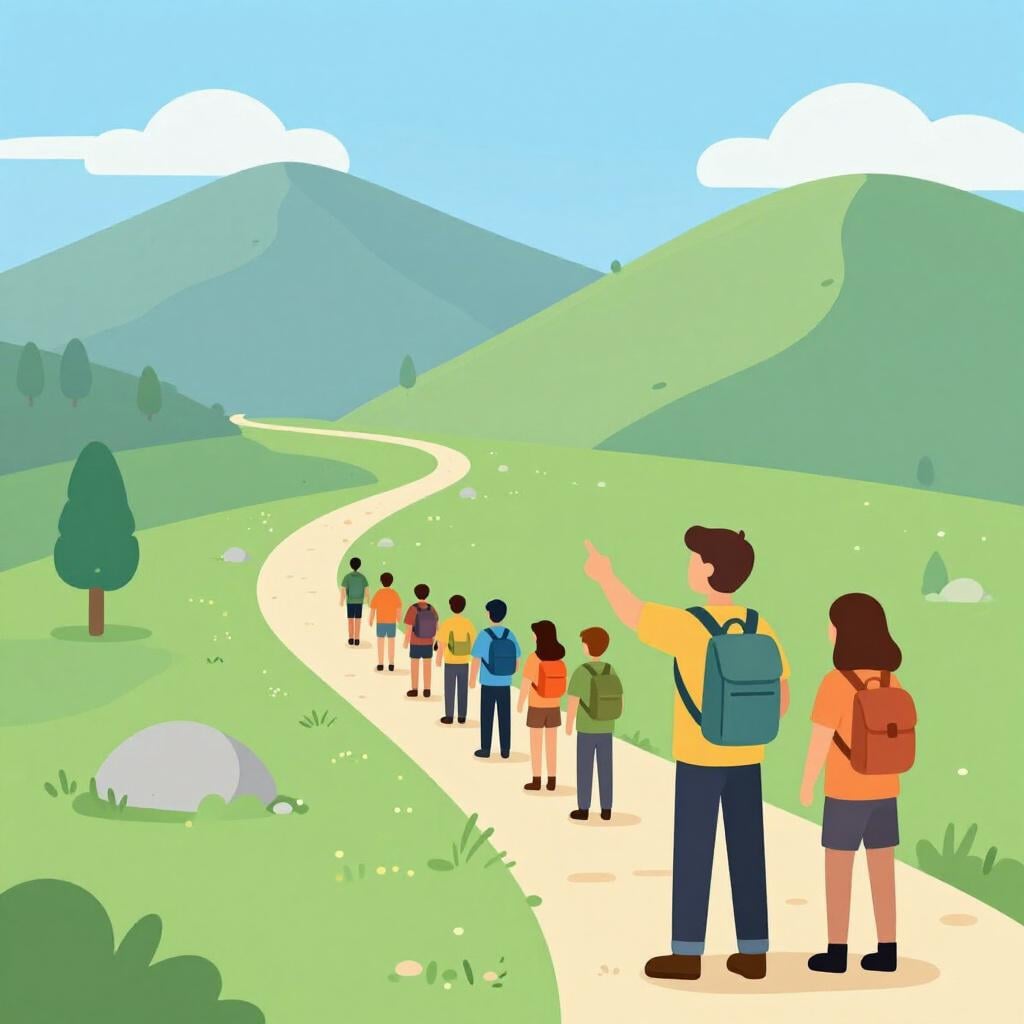 Een wandelaar aan kop van een groep, die vrienden een bergpad op leidt.