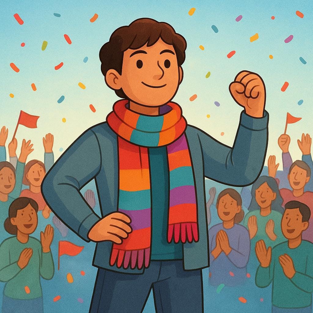 A young person wearing a colorful scarf standing confidently in front of a cheering crowd.