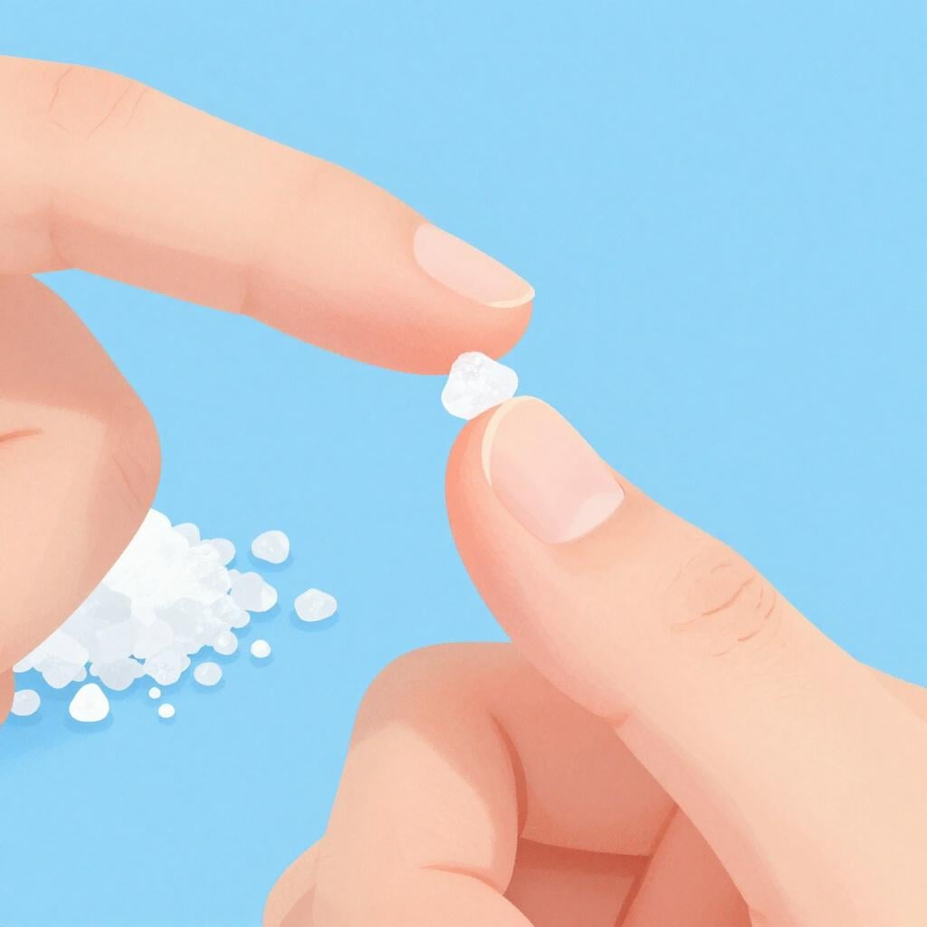 A close-up of a person's thumb and index finger holding a tiny amount of white sea salt.