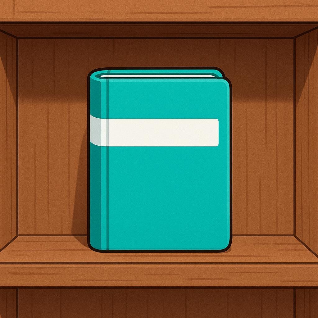 A brightly colored book is perfectly situated back on a wooden bookshelf, nestled among other books, showing it has been returned to its proper place.