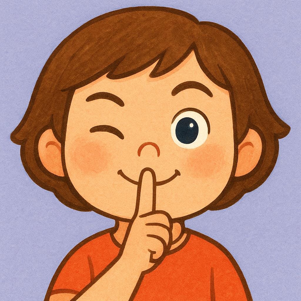 A cartoon character winking broadly with a mischievous expression, holding a finger up to their lips in a 'shush' gesture.