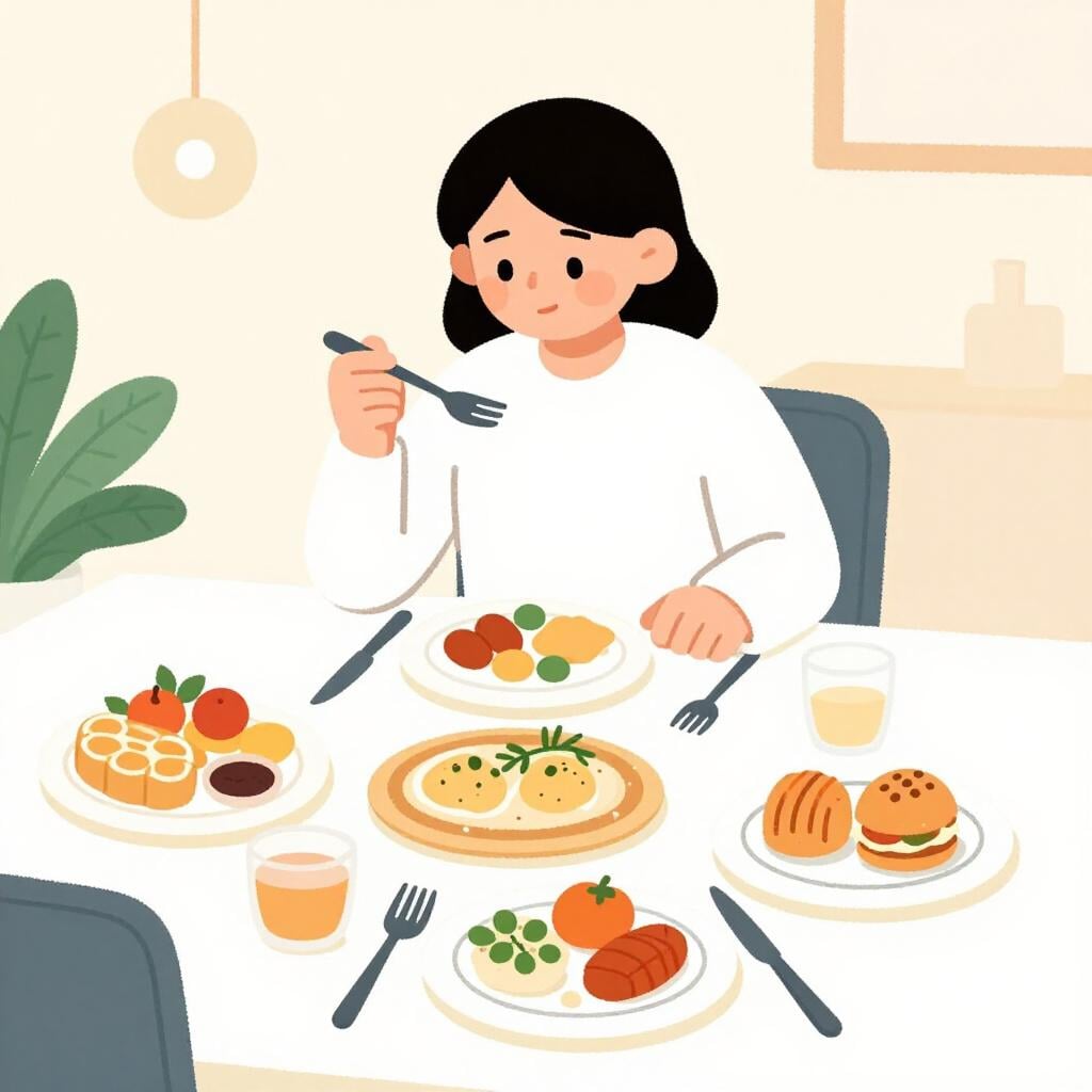 Uma pessoa feliz sentada a uma mesa empilhada com muitos tipos diferentes de comida, como bolo, frutas e sanduíches.