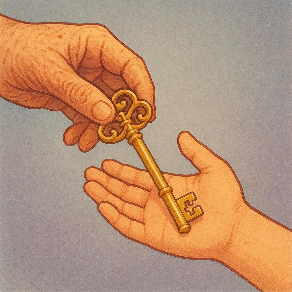 A close-up view of an antique, golden key being gently passed from the wrinkled hand of an older person to the smaller, open hand of a child.