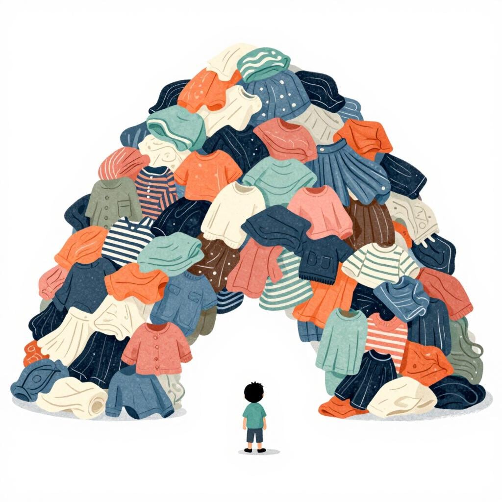 A small figure standing next to a massive pile of laundry that towers over them.