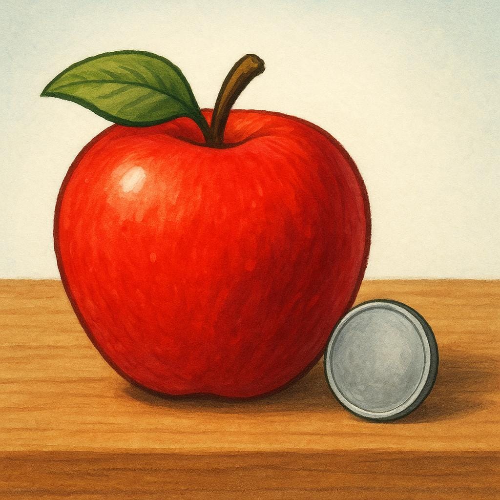 A single, bright red apple resting on a wooden counter next to a very small stack of coins, indicating a low price.