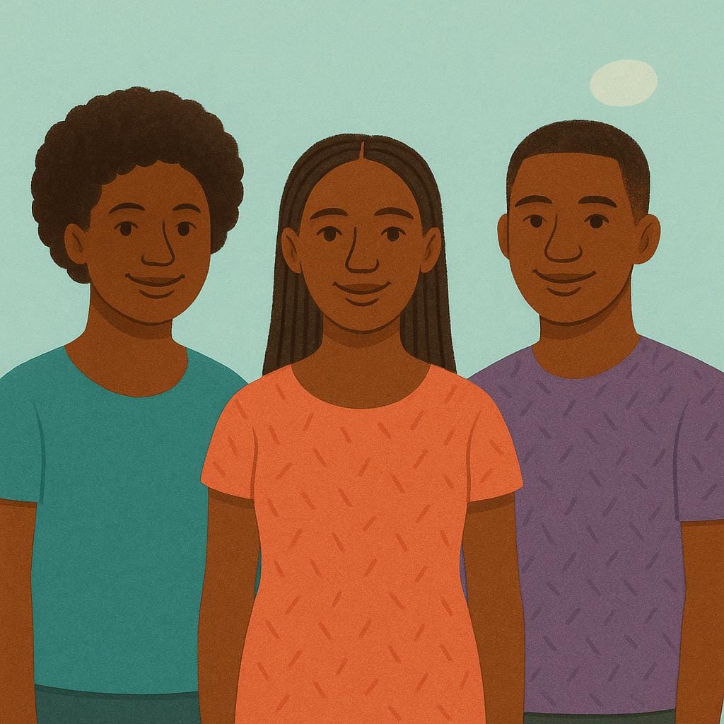 A simple illustration showing a small group of three diverse individuals with dark skin tones standing side-by-side, depicted respectfully.
