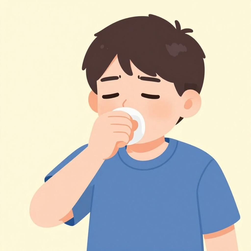 A child in a cozy sweater covering their mouth with their hand while coughing.
