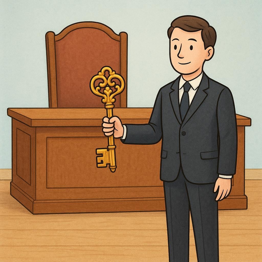 A formally dressed person holding a large, ornate golden key, standing near a prominent, empty chair and desk, signifying they are acting as a deputy.