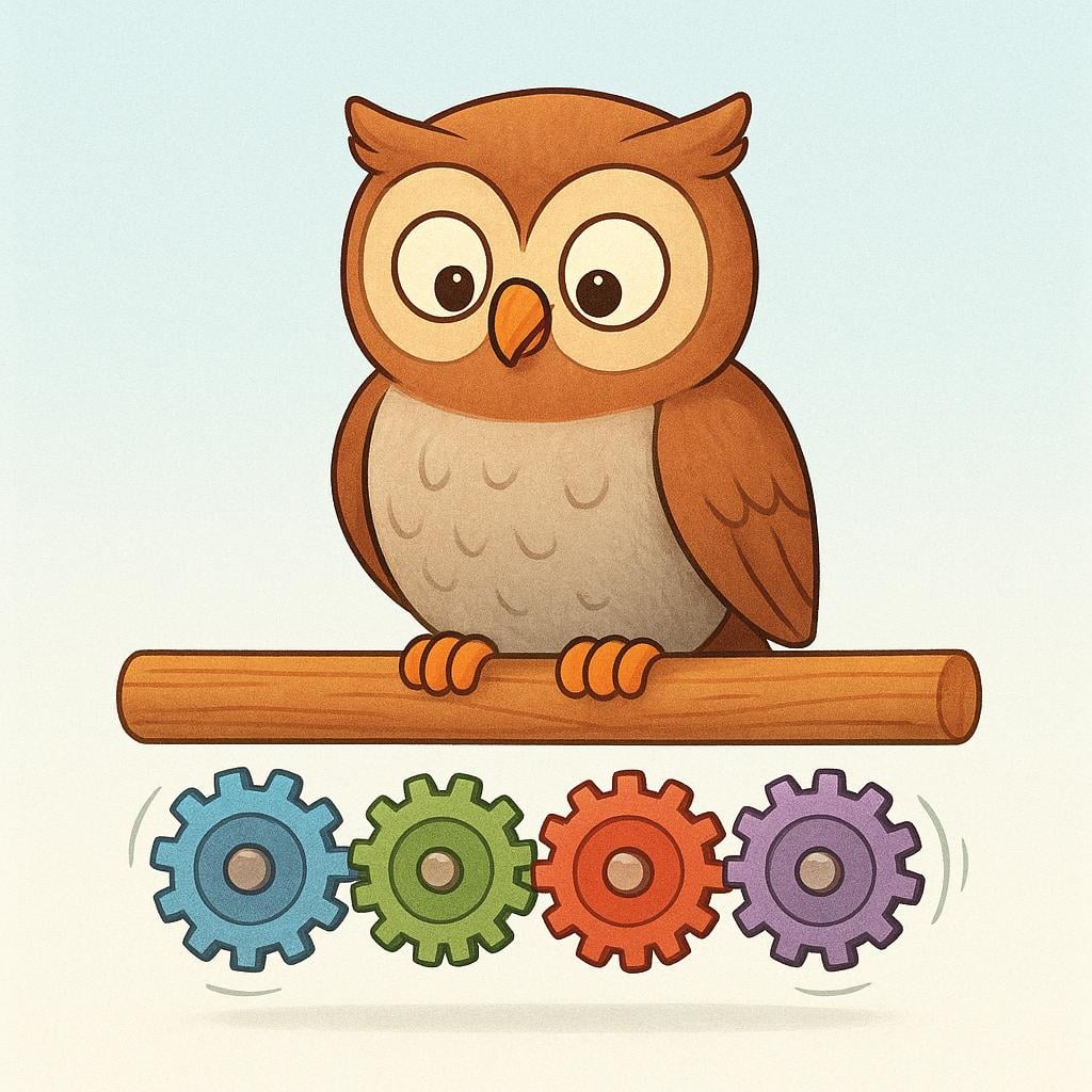 A wise owl sitting on a wooden perch, carefully observing a row of four small, interconnected, spinning gears below it, symbolizing monitoring a process.