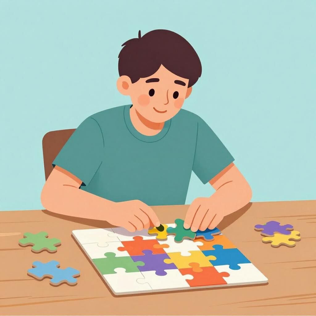 Eine Person sitzt bequem in einem hellen Raum und spielt glücklich mit einem bunten Puzzle auf einem Tisch.