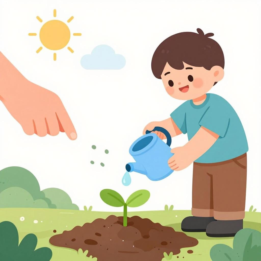 A friendly person watering a small green plant to help it grow.