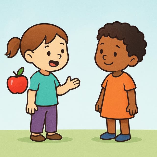 Un'illustrazione colorata di due bambini che parlano tra loro. Un bambino sta parlando e indica leggermente una semplice mela rossa stilizzata che fluttua nell'aria accanto a loro, a simboleggiare l'argomento che stanno menzionando.