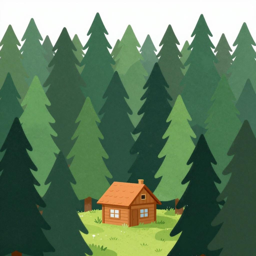 Un petit cottage douillet niché derrière un épais bosquet de grands arbres verts.