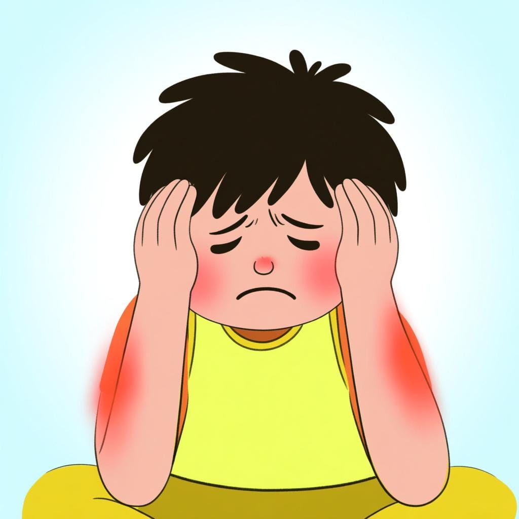 A small, simple cartoon character, perhaps a child, clutching their forehead with both hands and frowning, illustrating a sharp headache or physical pain.