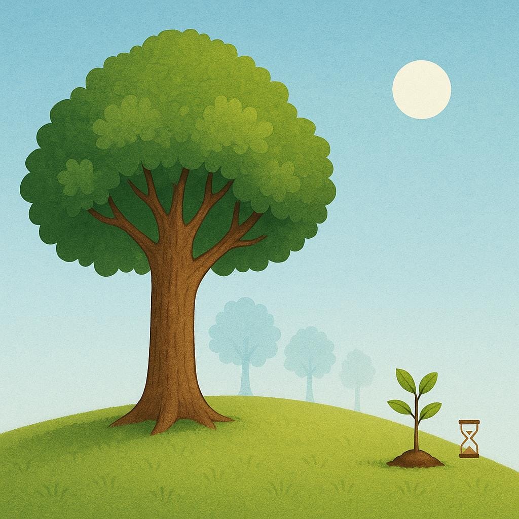 A visual representation of duration: a small, green sprout next to a large, mature oak tree, symbolizing the passage of years.