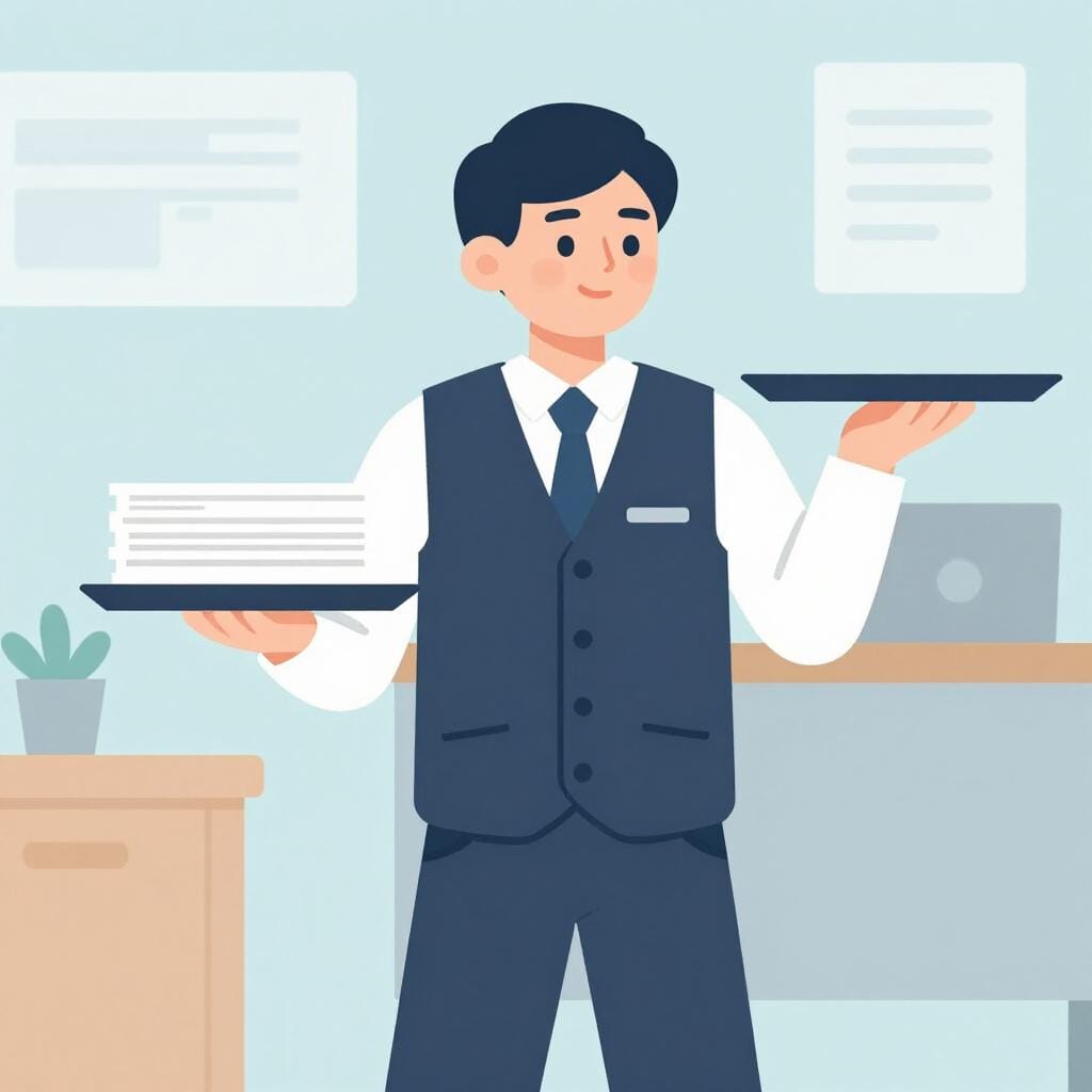 A friendly office assistant carrying a stack of papers and a tray with a glass of water.