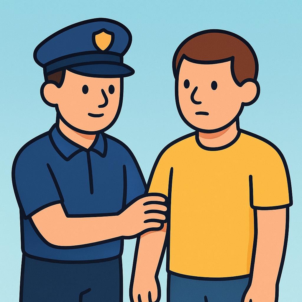 A simplified figure wearing a police cap and blue shirt gently holds the upper arm of another civilian figure wearing a yellow shirt, signifying detention.