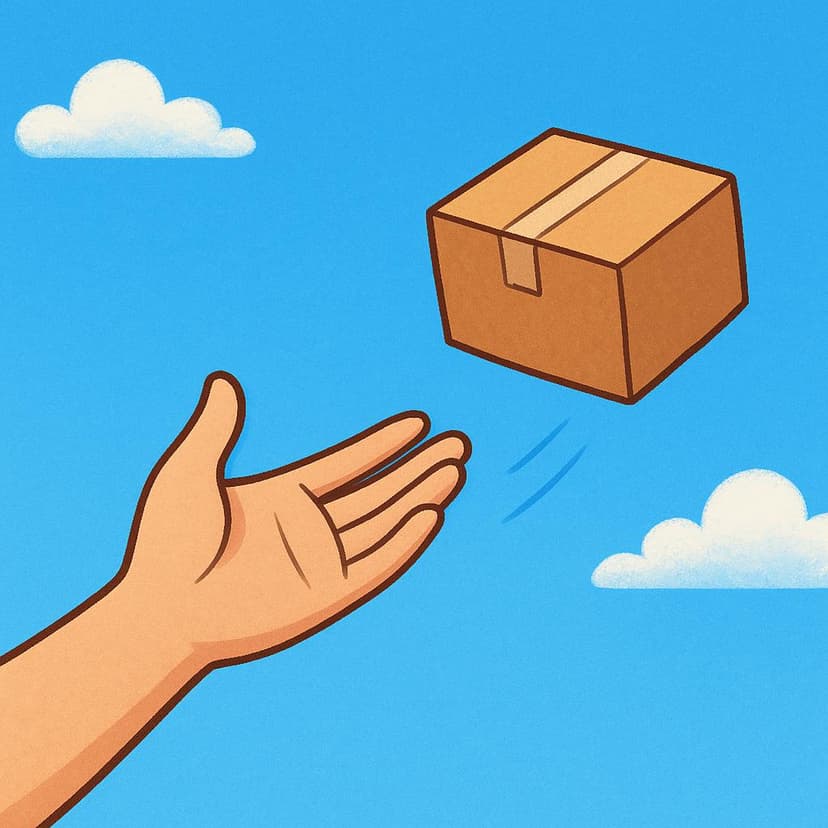 A colorful storybook illustration of a human hand gently tossing a small brown sealed box through the air, symbolizing the act of sending an item.