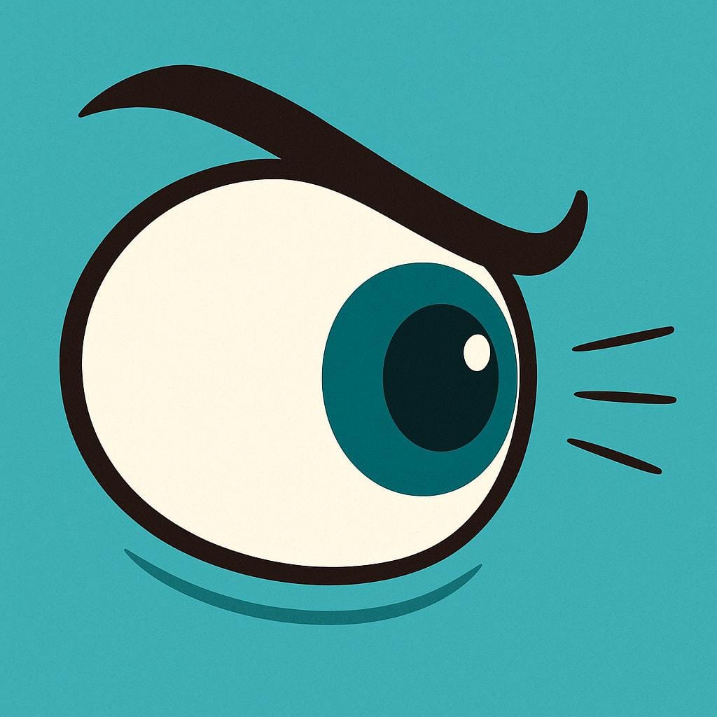 A close-up illustration of a large, stylized eye quickly shifting its gaze sharply to the right, representing a rapid look or glance.