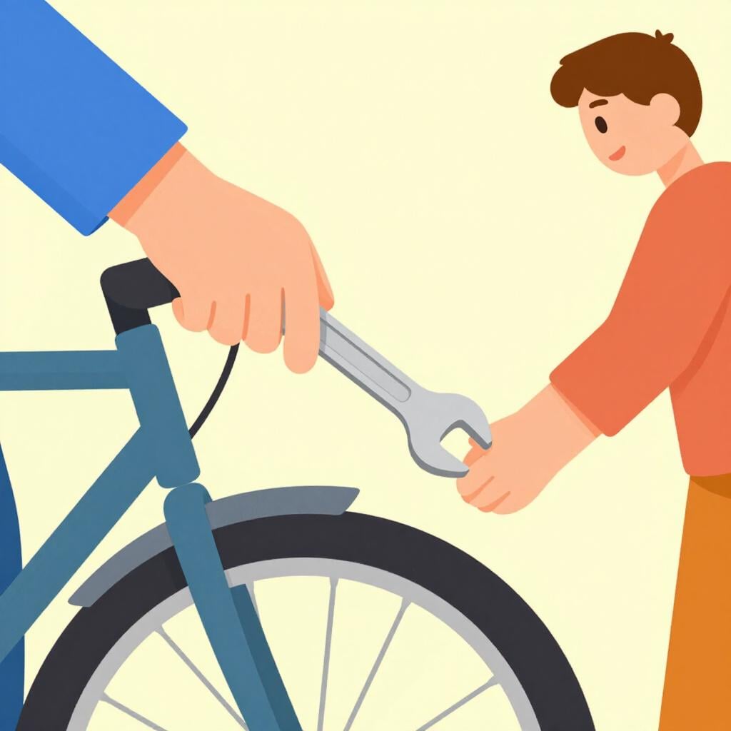 A person handing a shiny wrench to a mechanic working on a bicycle.