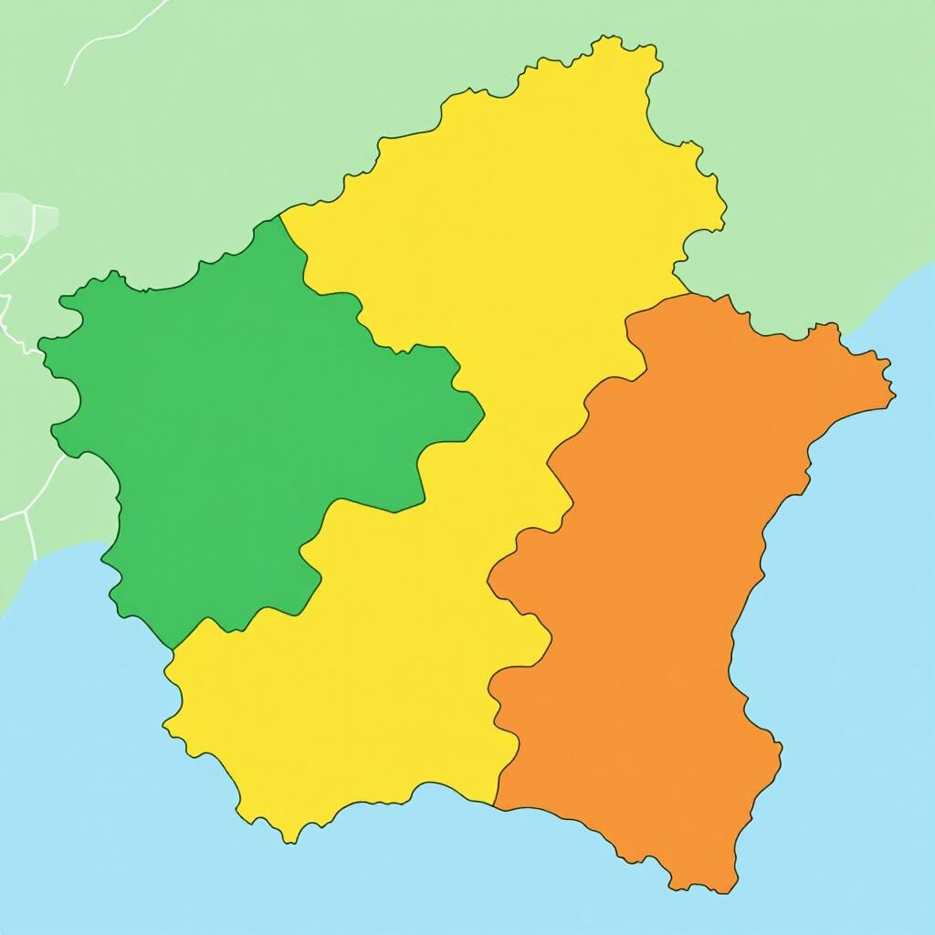 Een kleurrijke kaart die verschillende onderscheidende provincies of regio's van een land toont.