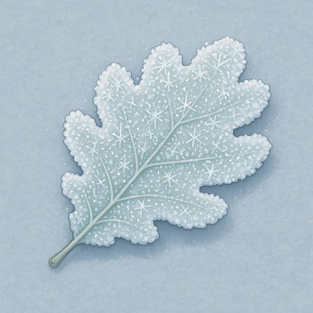 A single green oak leaf lying flat on the ground, completely covered in a thick layer of white frost and ice crystals.