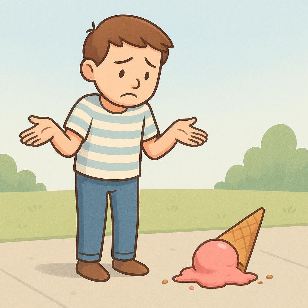 A colorful illustration of a person looking disappointed at a dropped, broken ice cream cone on the ground, symbolizing 'What a shame!'