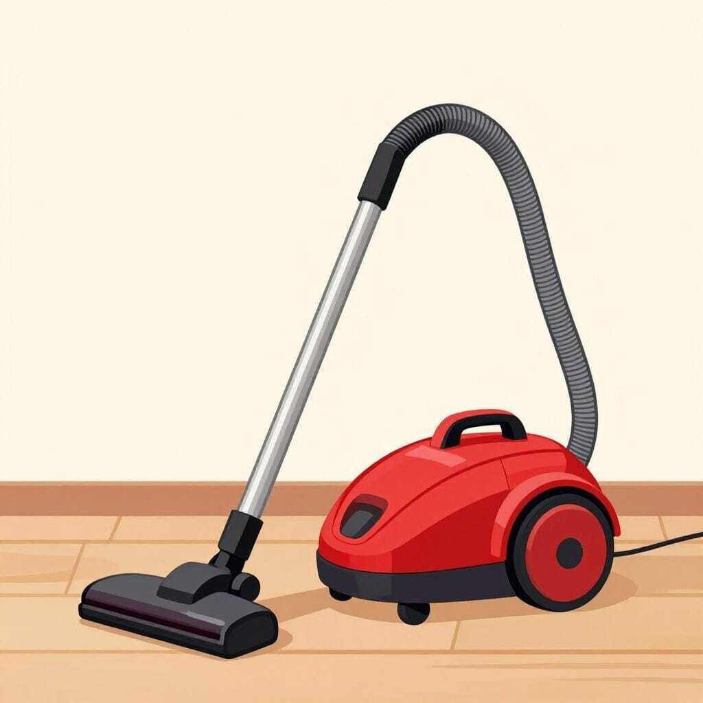 A modern red canister vacuum cleaner with a flexible hose and floor nozzle sitting on a clean wooden floor.