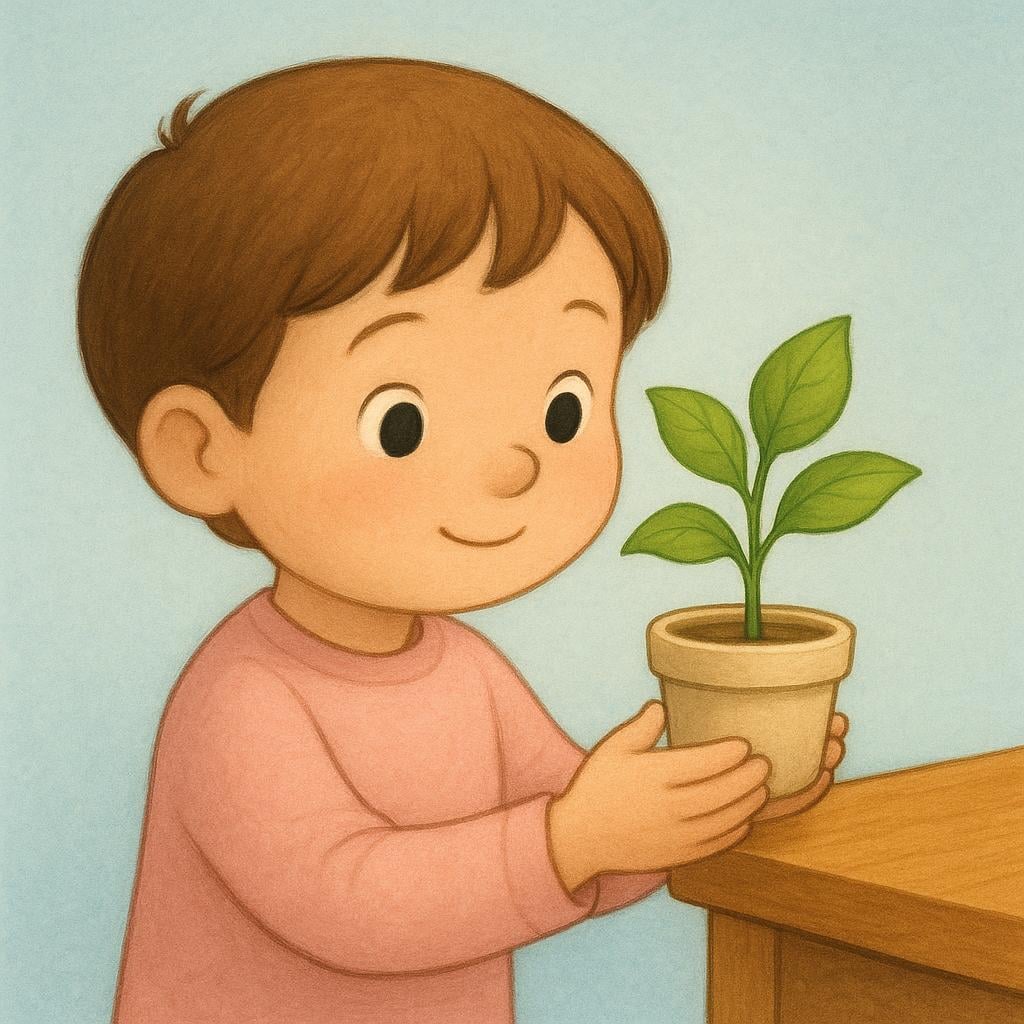 A young person holds a small potted plant just above a wooden shelf, illustrating hypothetical placement.