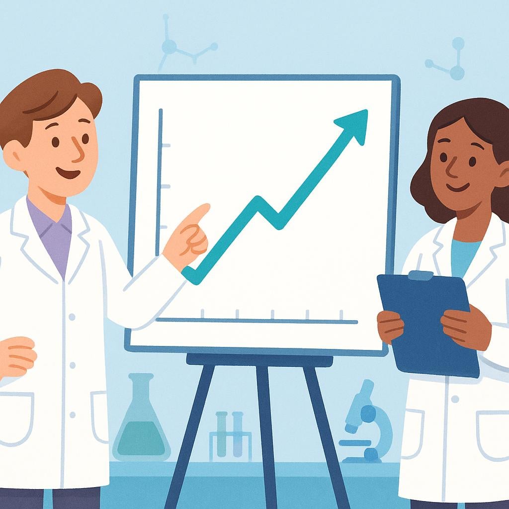 A friendly scientist character pointing confidently at a large, clear chart displaying a successful outcome, proving a point to a colleague who looks satisfied.