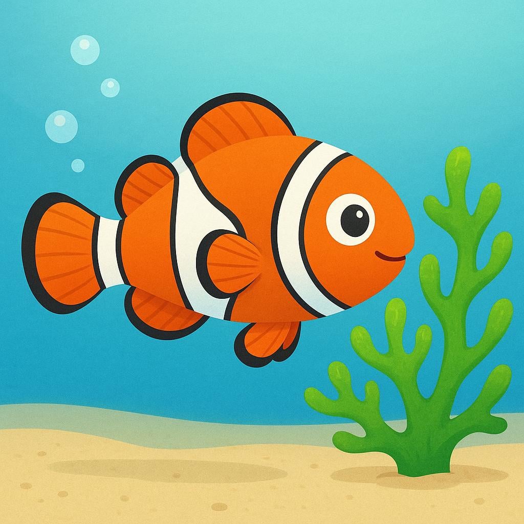 A colorful clownfish swimming among vibrant green and pink coral on the ocean floor.