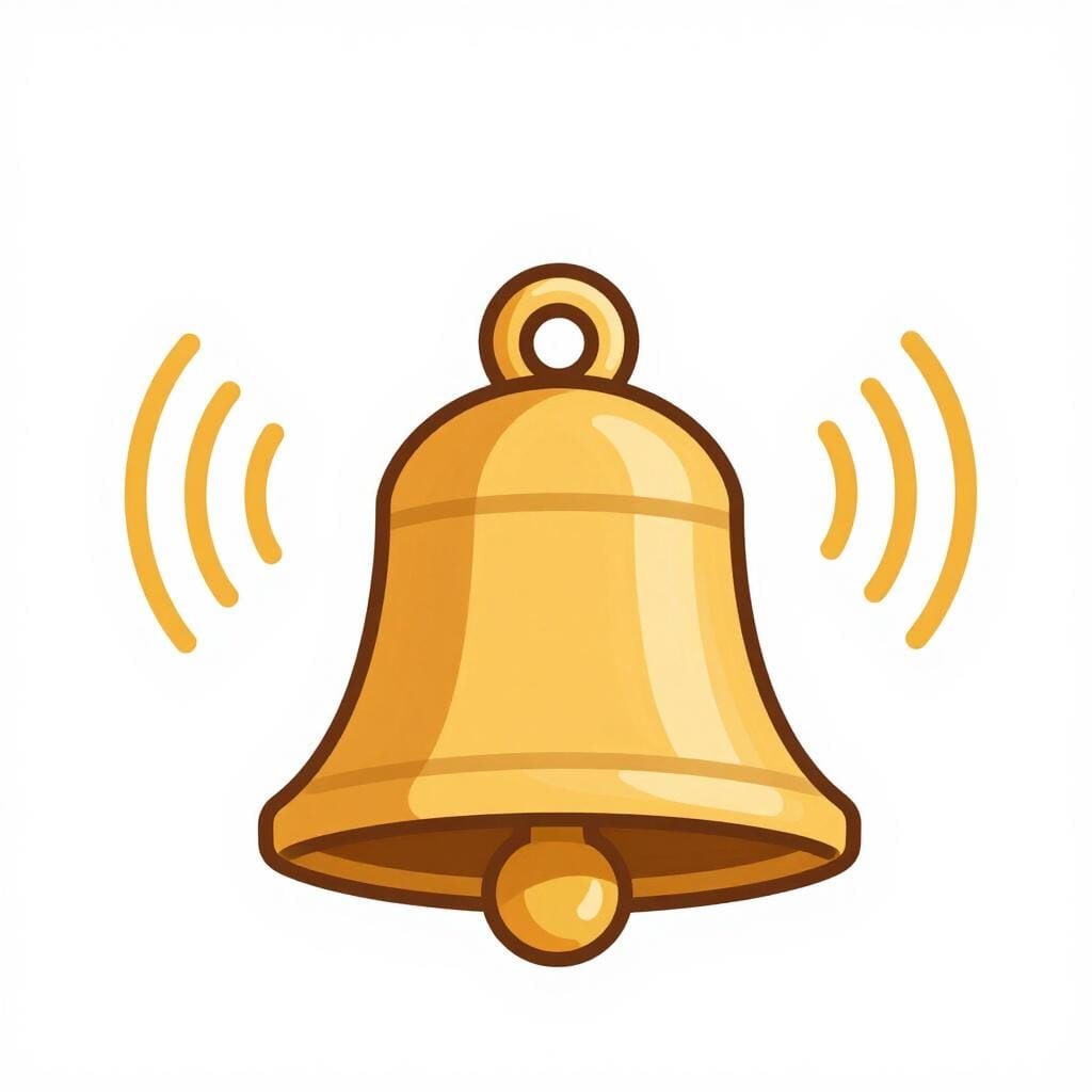 Een grote, gouden bel die trilt met geluidsgolven die door de lucht rimpelen.