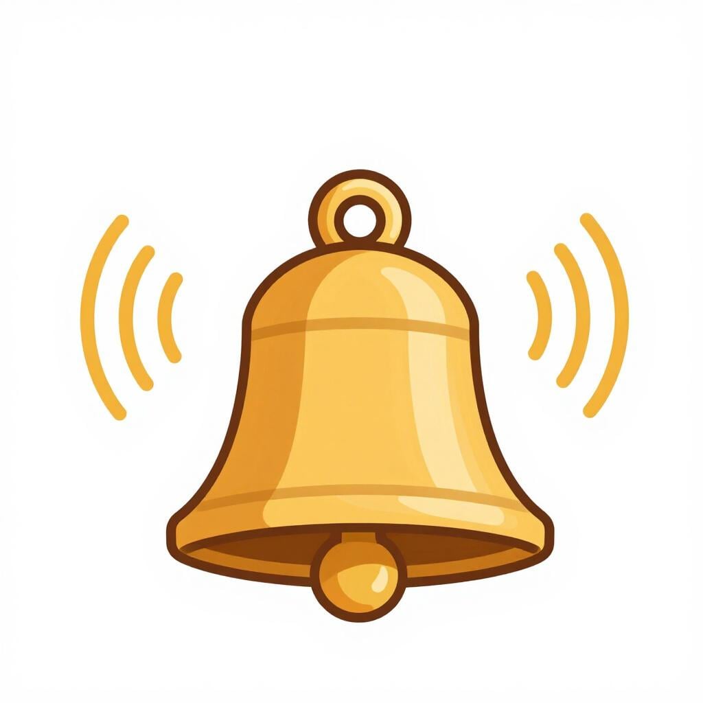 Um grande sino dourado vibrando com ondas sonoras se propagando pelo ar.