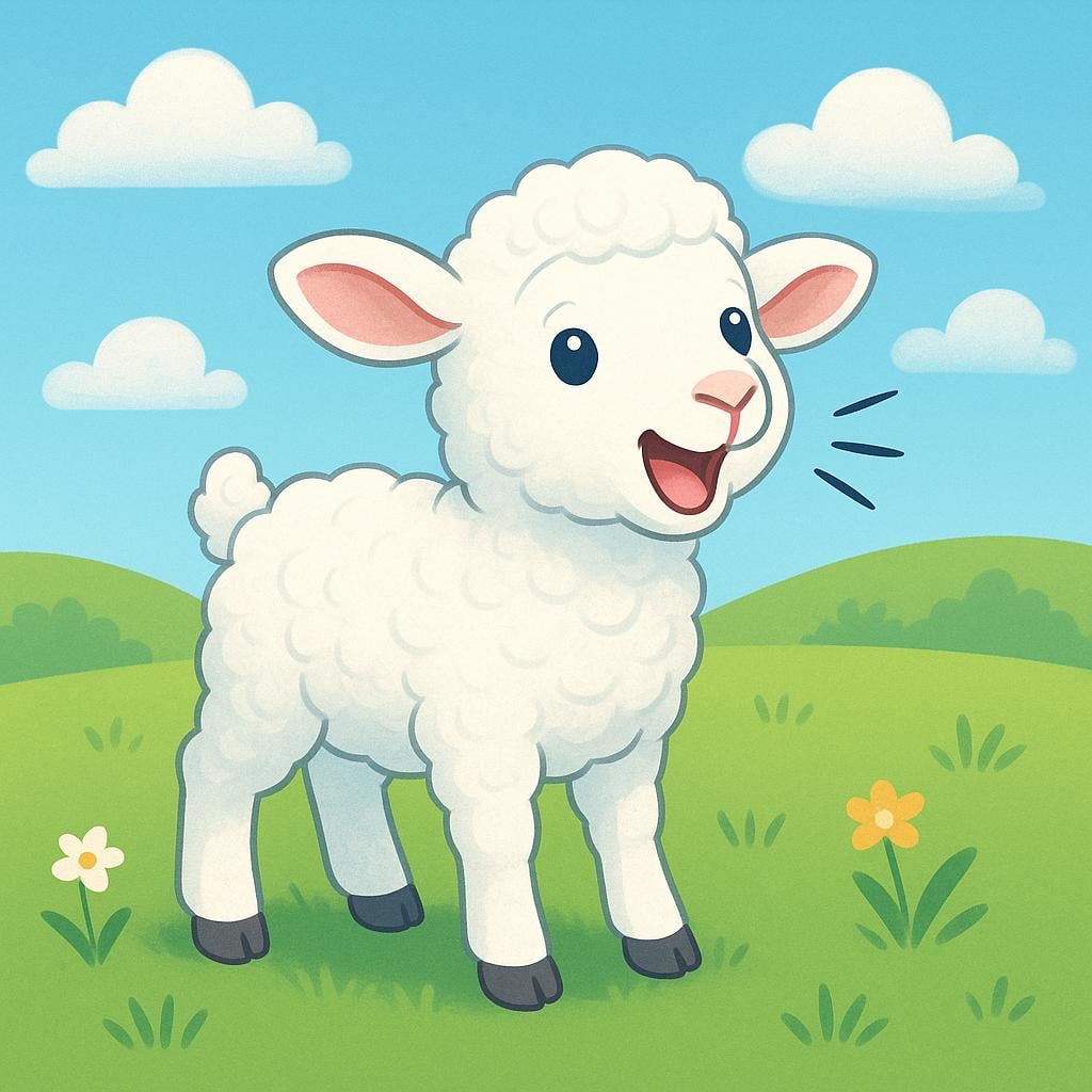 A fluffy white lamb standing in a green field with its mouth open, actively bleating.