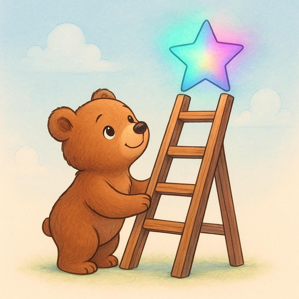 A small bear cub standing below a short wooden ladder that leads up to a glowing colorful star. The cub looks ready to climb the ladder, symbolizing potential ability.