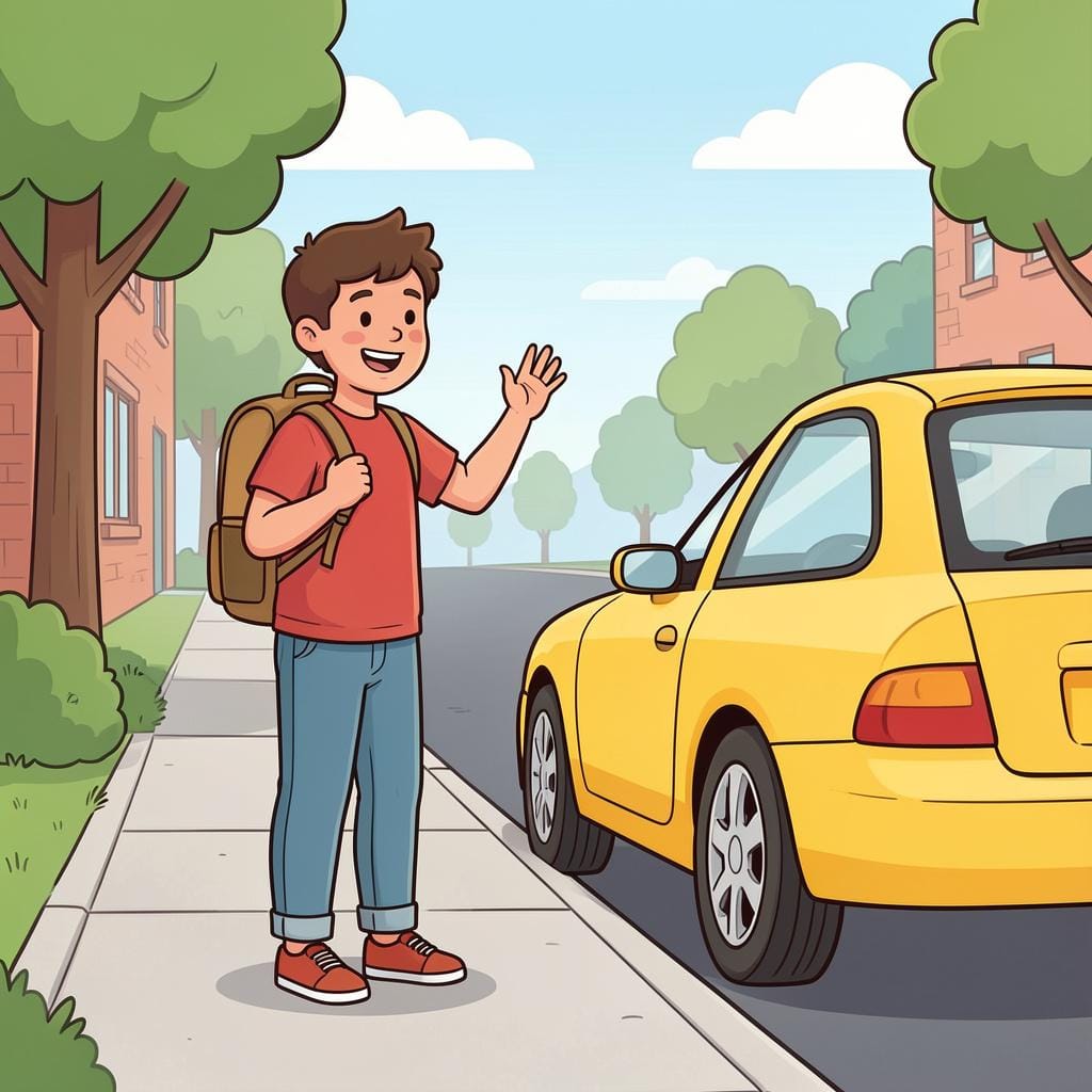 A person waving and walking toward a car to be picked up by a friend.