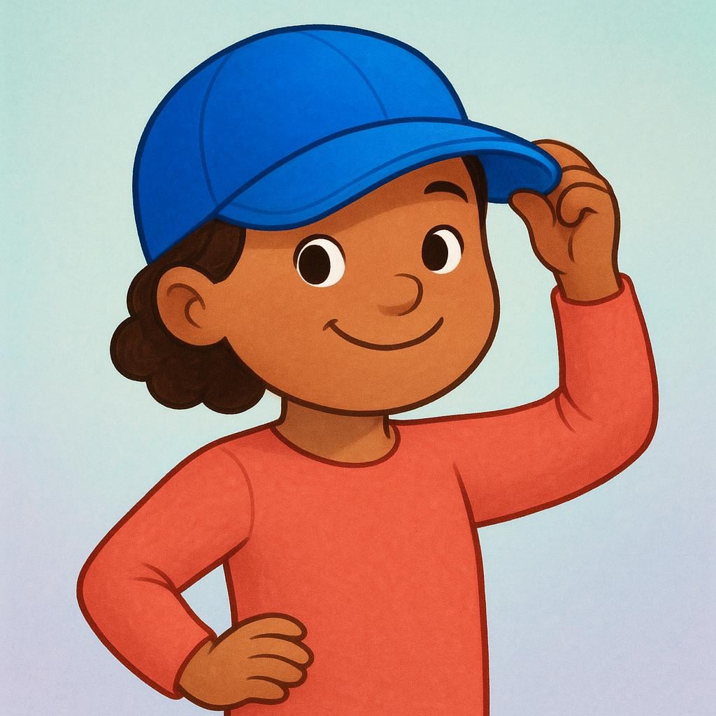 A cheerful cartoon figure standing proudly, modeling a new, vibrant blue hat that is the central focus of the illustration.