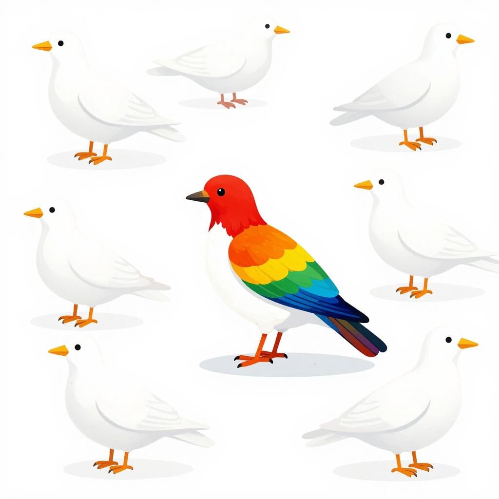 A group of identical white birds flying together, with one bird having bright rainbow-colored wings.