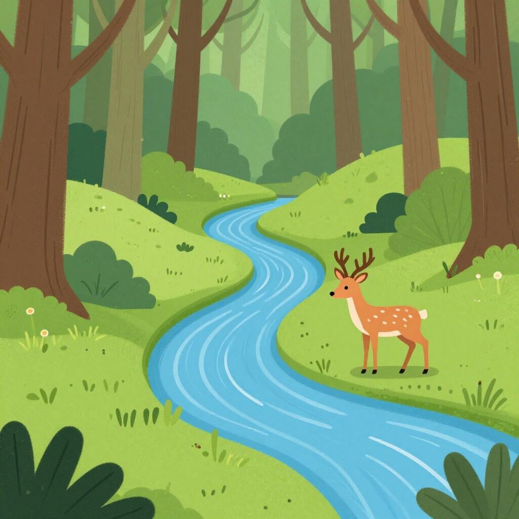 Uma floresta verde exuberante com um riacho azul claro e um pequeno veado bebendo água.