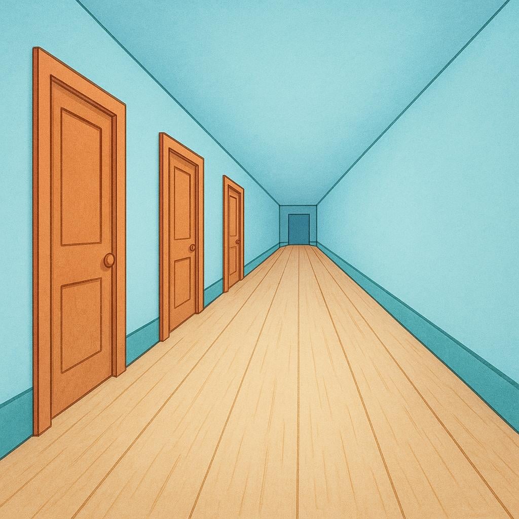 A simple, empty hallway inside a building, featuring several closed doors lining one wall and a light source at the far end.