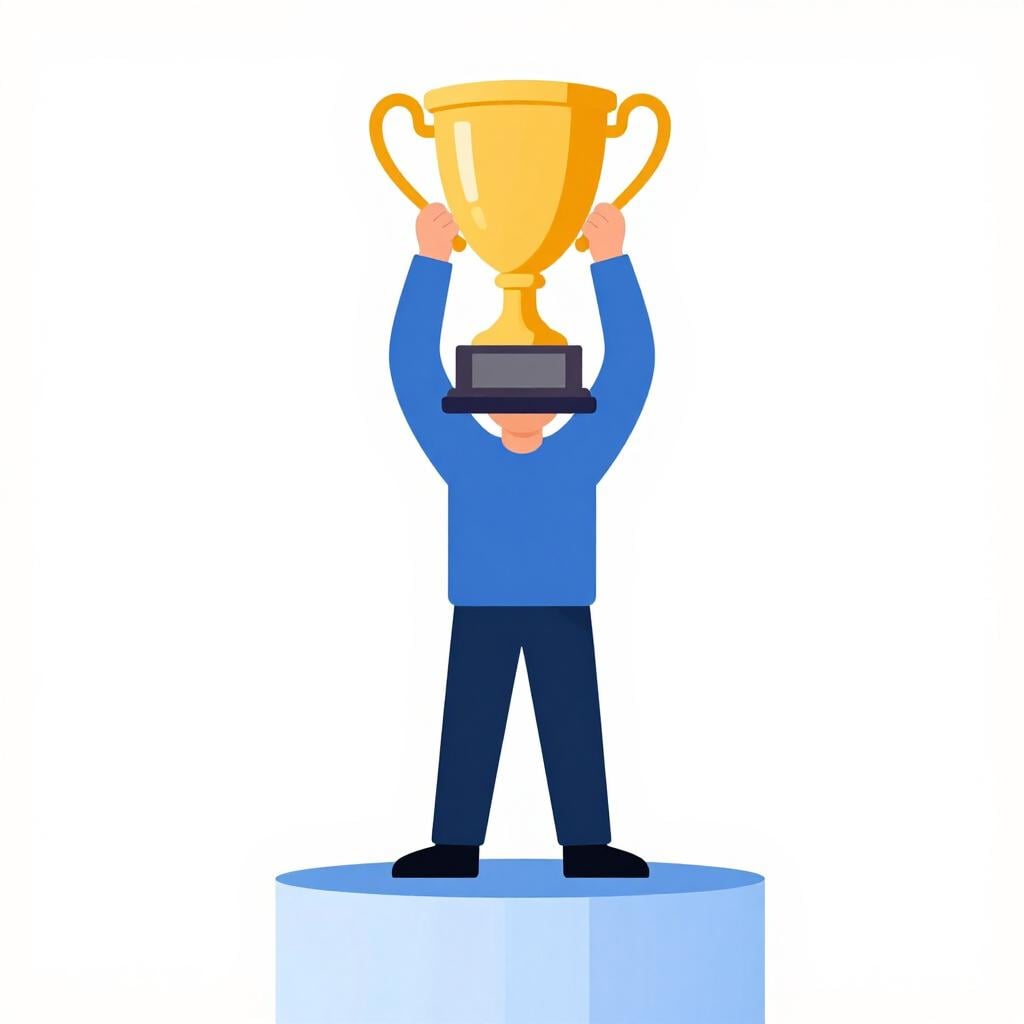 Eine Person steht auf einem kleinen Podium und hält eine große Goldtrophäe mit glücklichem Gesichtsausdruck.