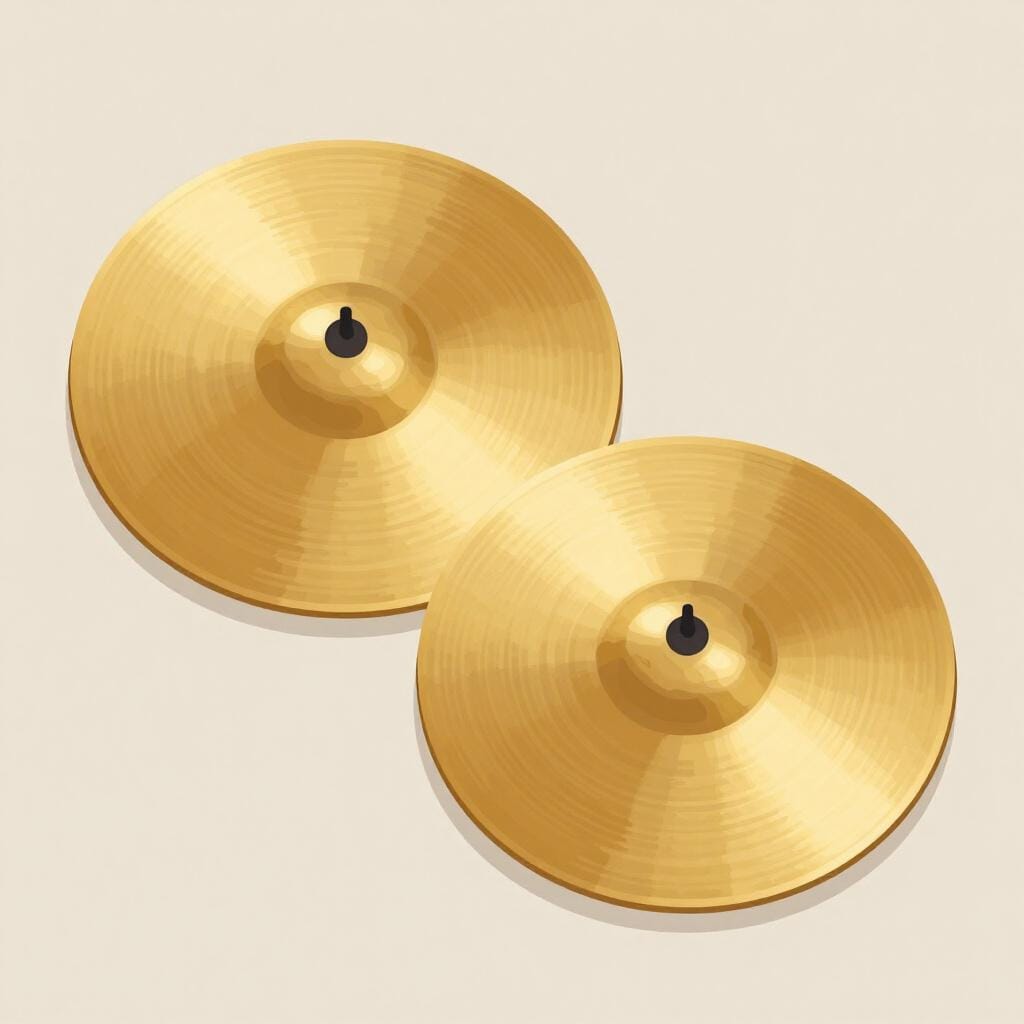 A pair of shiny gold-colored brass cymbals with leather straps.