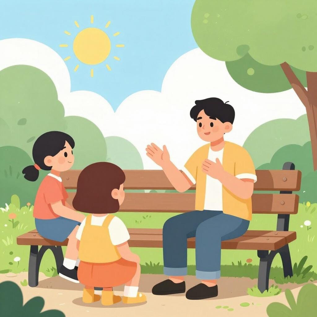 A person gesturing animatedly while telling an engaging story to two friends sitting on a park bench.