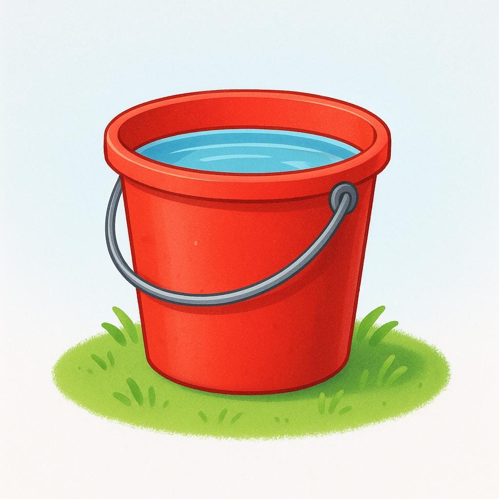 A bright red plastic bucket with a silver metal handle, sitting on a patch of green grass.
