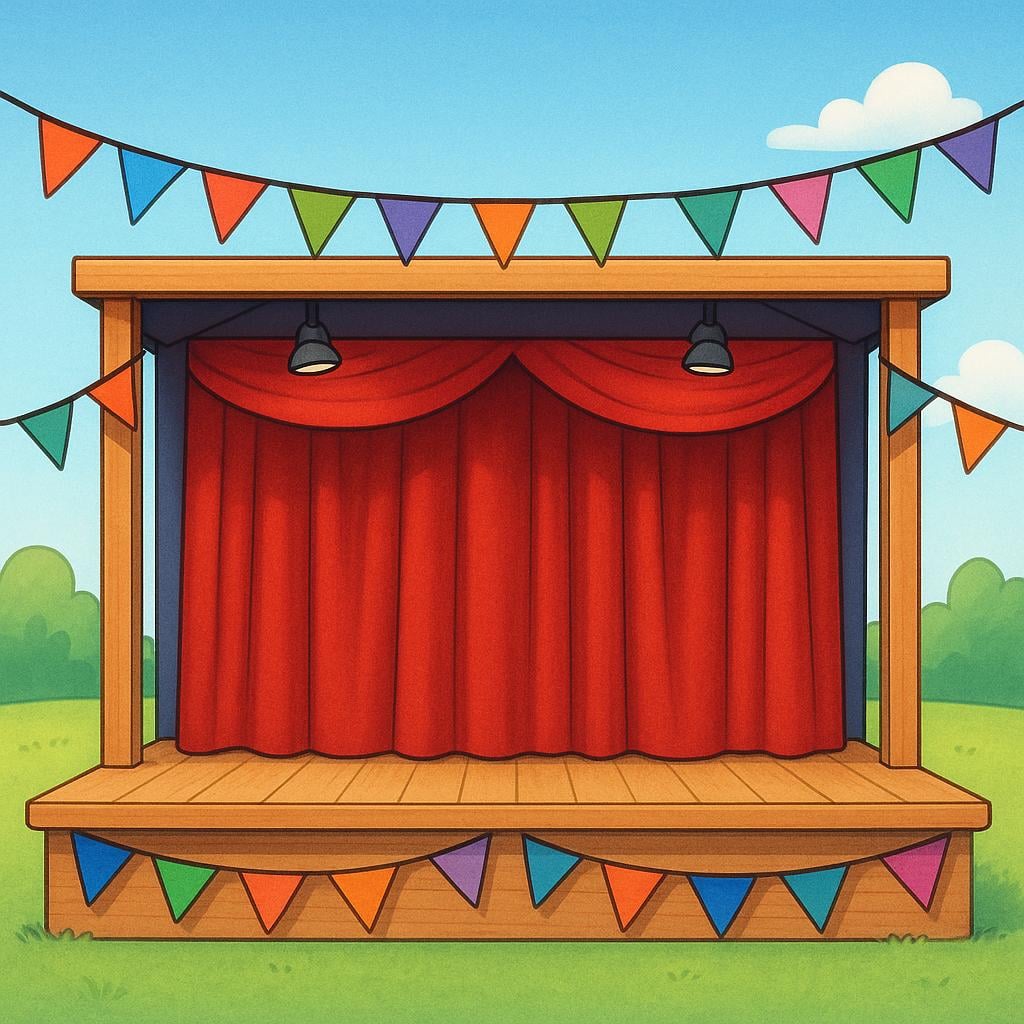 A brightly lit outdoor stage is completely set up with colorful flags and a closed curtain, waiting for an event to begin.