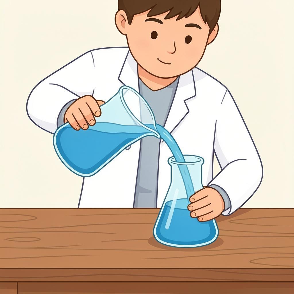 A scientist in a lab coat carefully pouring a blue liquid into a glass flask.