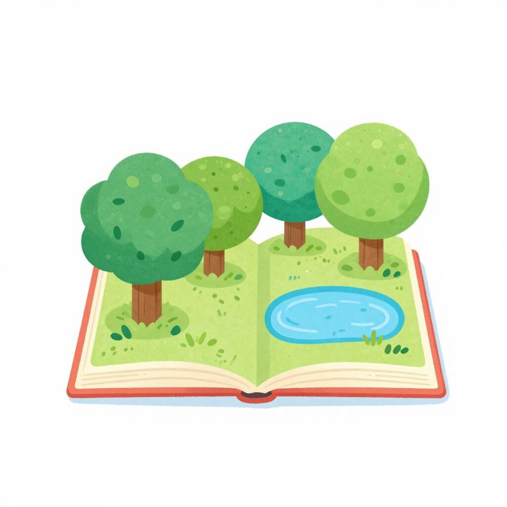 An open book with colorful drawings of a lush forest on its pages.