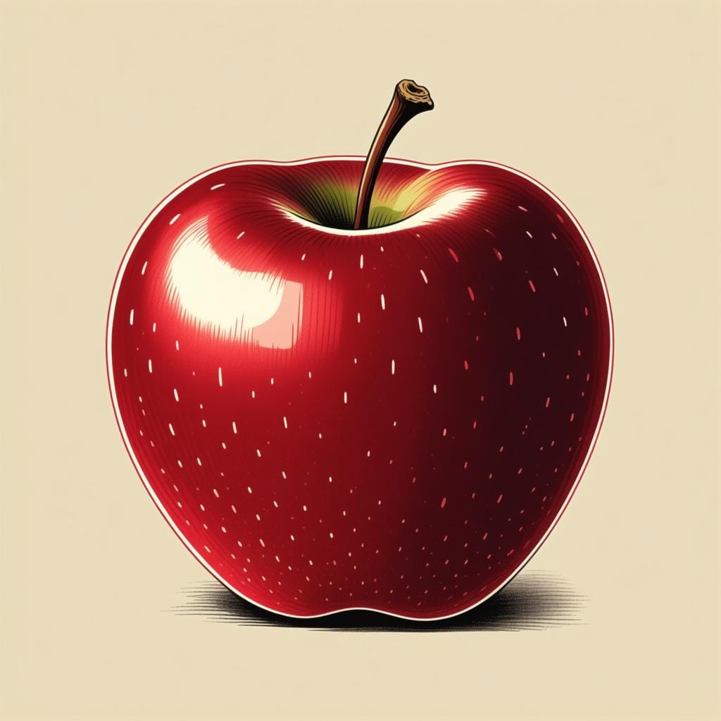 A single, highly symmetrical, flawless, shiny red apple resting on a clean, light surface.