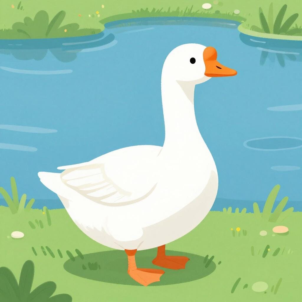 A white goose with an orange beak and webbed feet standing near a small pond.